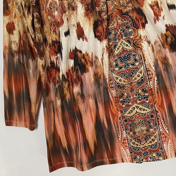 One World Womens Tunic Top Sz L Orange Brown Boho Open Crochet V-neck Fall L/S - Picture 6 of 12